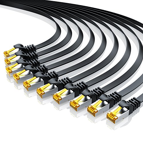 CSL - 10 x 1m - CAT.7 Gigabit Ethernet LAN Flachband Netzwerkkabel | Flachbandkabel/Verlegekabel (RJ45) | 10/100/1000 Mbit/s | Patchkabel | kompatibel zu CAT.5 / CAT.5e / CAT.6 | schwarz