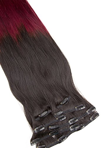 Clip In Extensions Echthaar 7tlg SET - 55cm in #Ombre 1b/burg 7 teiliges Haarteil für komplette Haarverlängerung - Hochwertige dunkelbraune burgunder ombré 100% Remy Echthaar Clip-In Extension