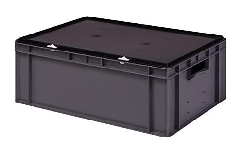 Stabile Profi Aufbewahrungsbox Stapelbox Eurobox Stapelkiste mit Deckel, Kunststoffkiste lieferbar in 5 Farben und 21 Größen für Industrie, Gewerbe, Haushalt (grau, 60x40x22 cm)