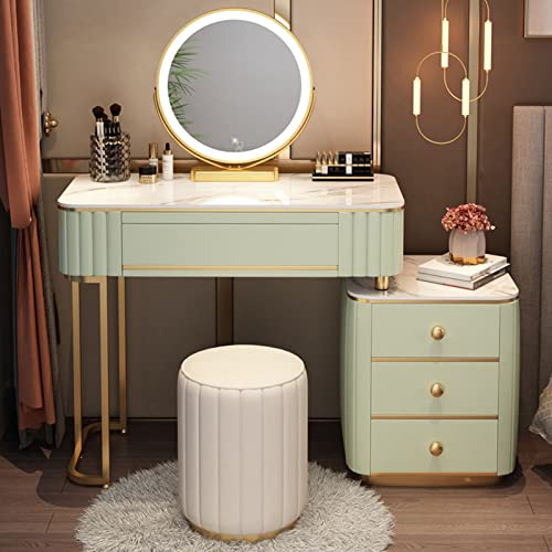 GKever Make-up-Schminkkommoden-Schreibtischset mit beleuchtetem Spiegel, mit 3 Farbbeleuchtungsmodi, mit Schubladen und gepolstertem Hocker, Schrank für Schlafzimmer