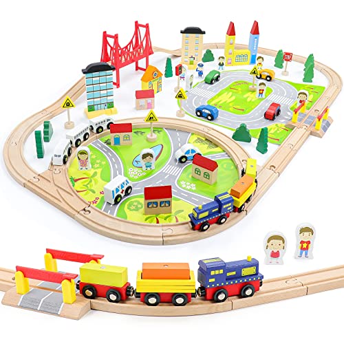 Symiu Holzeisenbahn Hölzernes Zugset Holz LKW BAU Spielzeugauto Spielzeug Kinderspielzeug ab 3 Jahre 82pcs DIY Eisenbahn Eisenbahn mit Brücke Kleinkindspielzeug Empfohlen ab 3 4 5 6 Jahren,(MEHRWEG)