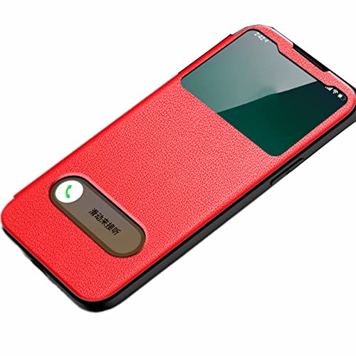 Schutzhülle für iPhone 14/14 Plus/14 Pro/14 Pro Max, echtes Leder, magnetische Klappständer, Schutzhülle, mit Fenstersichtfunktion, stoßfeste TPU-Innenschale, 14 6.1, Rot