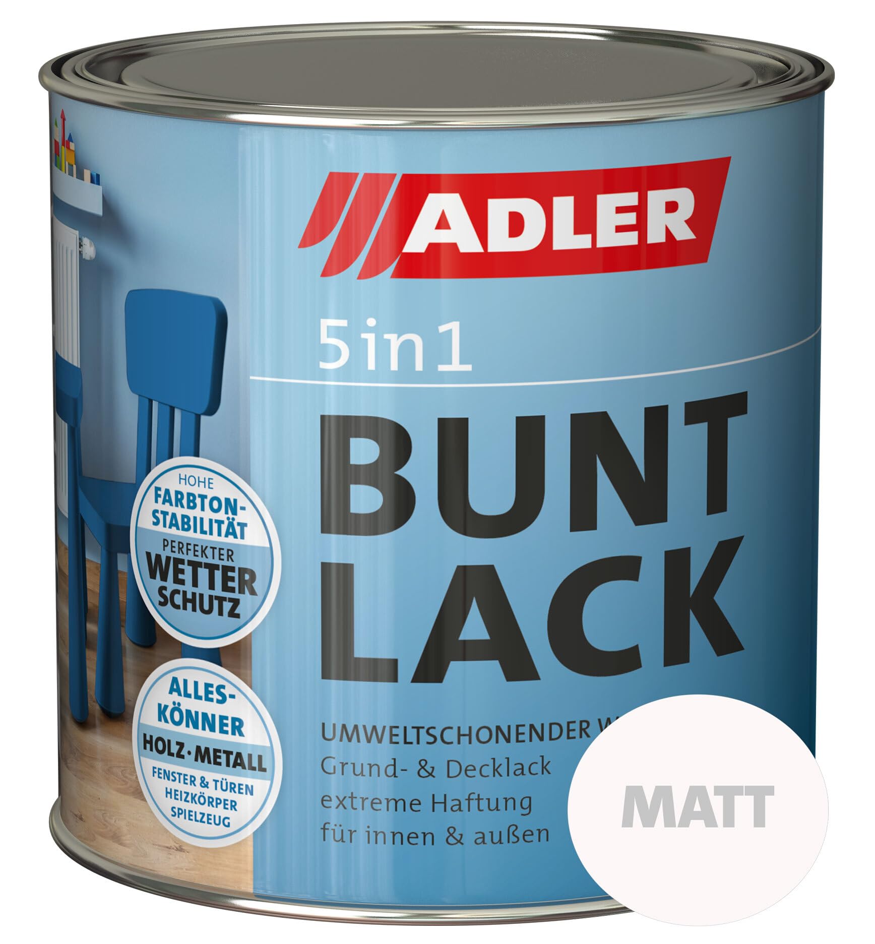 ADLER 5in1 Buntlack für Innen und Außen - 750ml - Wetterfester Lack und Grundierung für Holz, Metall & Kunststoff - Matt, RAL5010 Enzianblau
