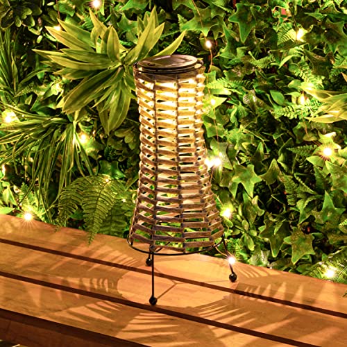 Festive Lights - Solar Tischlaterne im grauen Rattan-Stil mit Warmweiß & Mehrfarbig LED, IP44 Wasserdicht (Warmweiß LED, 35cm Laterne)