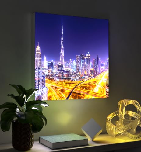 MyMaxxi - Pixlip Poster Skyline von Dubai Wandbild Design Wand Dekoration, Foto Mehrfarbig Leuchtrahmen - Burj Khalifa, 60x42 cm, Rahmen: nur Druck