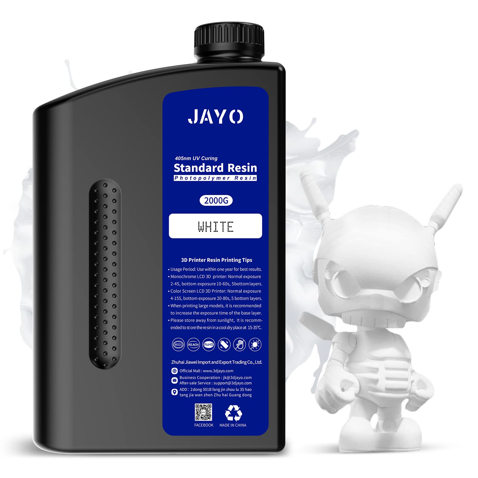 JAYO 3D-Drucker Resin 2000G Weißer Standard 405nm Schnelles UV-Harz Schnell aushärtendes Photopolymerharz für 2K 4K 6K 8K LCD/DLP/SLA 3D-Drucker, Flüssiges 3D-Druckmaterial