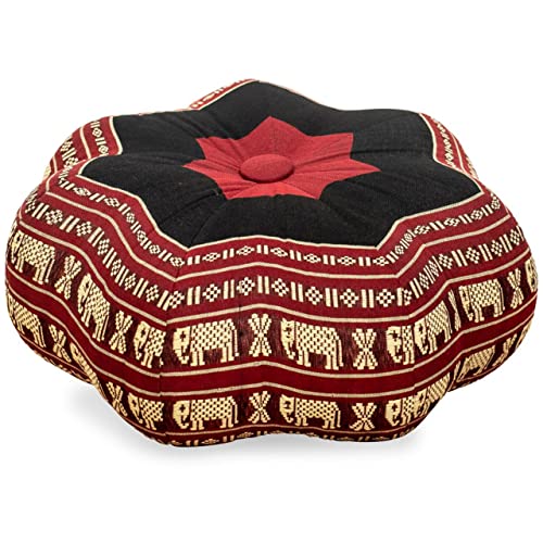 livasia Meditationskissen Stern, Yogakissen mit Kapok, Pouf, Bodenkissen sternförmig Yoga Zen Meditation, Zafukissen für Garten und Balkon, Sitzkissen handgefertigt Ø 30x15cm (Rot/Elefanten)