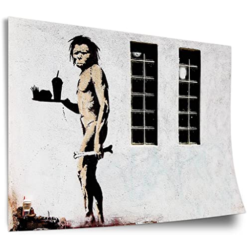 Poster aus Baumwolle Banksy - Neandertaler mit Knochen und Fastfood Restaurant Menü Street Art Graffiti Kunstdruck ohne Rahmen, Wandbild - A4, A3, A2, A1, A0, XXL - Wohnzimmer, Schlafzimmer, Küche,..