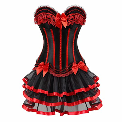 Corsagenkleid Corsage Bustier sexy Streifen Spitze Kleider Korsett Gothic Rock Damen Dress Burlesque Schwarz Rot XL