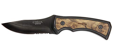 Camillus Mountaineer Messer, inklusive ballistischer Nylonscheide, 10,5 cm Carbonitride Titanium AUS-8 Stahlklinge, Wurzelholz/TPE Griff, schwarz, 23 cm