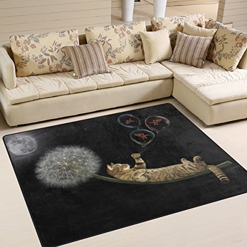 Use7 Teppich mit Katze auf Löwenzahnfliegen im Nachthimmel, für Wohnzimmer, Schlafzimmer, 160 x 122 cm