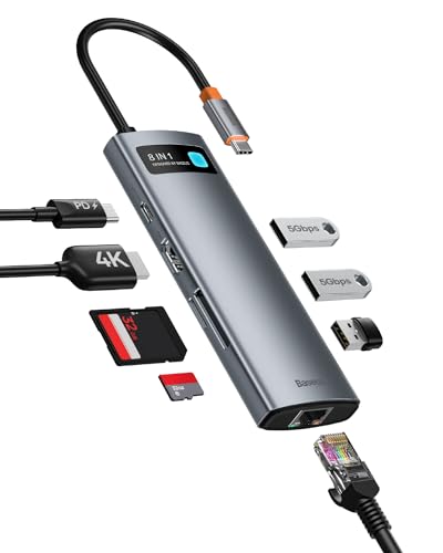 Baseus 8 in 1 USB C Hub Adapter mit Ethernet, 4K HDMI, SD/TF Kartenleser, 3 USB 3.0 5Gbps, 100W PD
