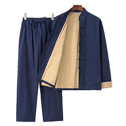 Herren Kung Fu Leinen Anzug - Traditionelle Lange ÄrmelKampfkunst Uniform Tai Chi Klassisch Tangzhuang,Geeignet für Morgengymnastik Judo Wushu Wing Chun(Color:Navy blau,Size:XL)