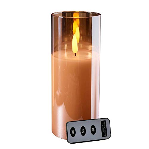 Hochwertige LED Kerze im Glas - mit Fernbedienung & Timer - ⌀ 10 cm - Realistische & Flackernde Flamme - Weihnachten Deko (Amber, Höhe: 25 cm)