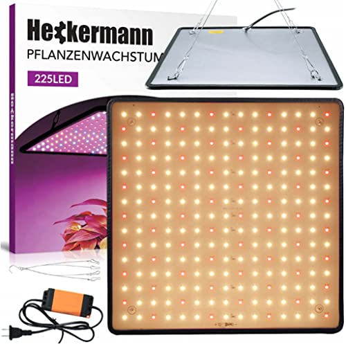 ORIGINAL Heckermann LED-Pflanzenwachstumslampe mit Elementen zur Aufhängung – Modell: 225 LED – Beleuchtungsleistung: 1000W– Anzahl LEDs: 225 – LED-Farbe: rot + warmweiß – Lampenmaße: 30 x 30 cm