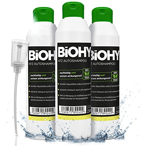 BiOHY KFZ Autoshampoo (3 x 250ml) + Dosierer | Bio Autoreiniger schützt Lack vor Schmutz von Außen | biologisch abbaubares Reinigungsmittel | für Hochdruckreiniger geeignet | kraftvolles Konzentrat