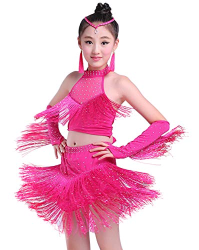 Happy Cherry Mädchen Tanzkleid Latein Kleid Pailletten Gesellschaftstanz Kleider Kinder Dancewear-Rosa-140cm