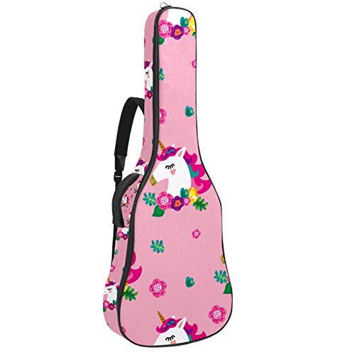 Gitarren-Gigbag, wasserdicht, Reißverschluss, weicher Gitarren-Rucksack, Bassgitarre, Akustik- und klassische Folk-Gitarre, Tasche mit Einhorn-Muster und Blumen, Rosa