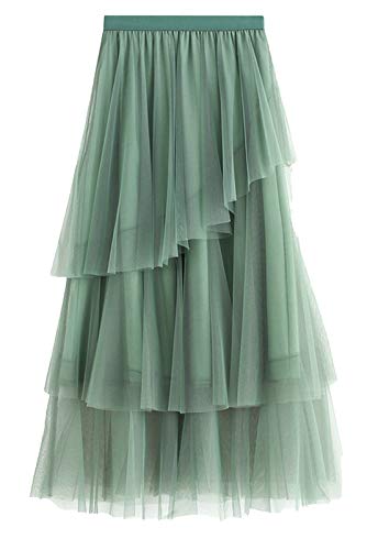 FEOYA Damen Tüllrock Unregelmäßig Prinzessin Pliseerock A-Linie Petticoat Lang Midi Röcke Hochzeit Unterrock - Grün