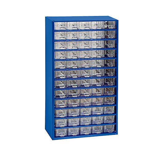 Certeo Schubladenmagazin aus Stahl | HxBxT - 551 x 306 x 155 mm | 60 transparente Schubladen| Gehäuse ultramarinblau| Kleinteilemagazin Klarsichtmagazin