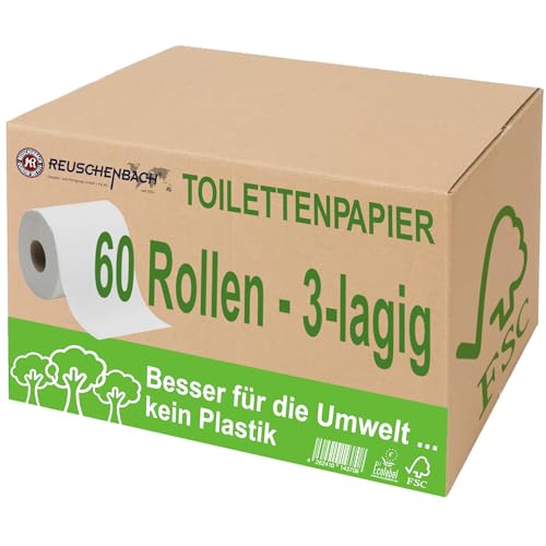 Toilettenpapier 3-lagig Großpackung, 60 Rollen á 170 Blatt, keine Plastikverpackung, Weiß mit Dekorprägung