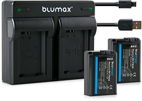 Blumax 2X Akku + Dual Ladegerät USB für Sony NP-FW50 1030mAh kompatibel mit Sony Alpha7 / 7ii / 6500/6300 / 6000/5100 NEX-7 NEX-6 NEX-F3 NEX-3 Nex-5 NEX-5N NEX-5T SLT A55V A33 A35 A37