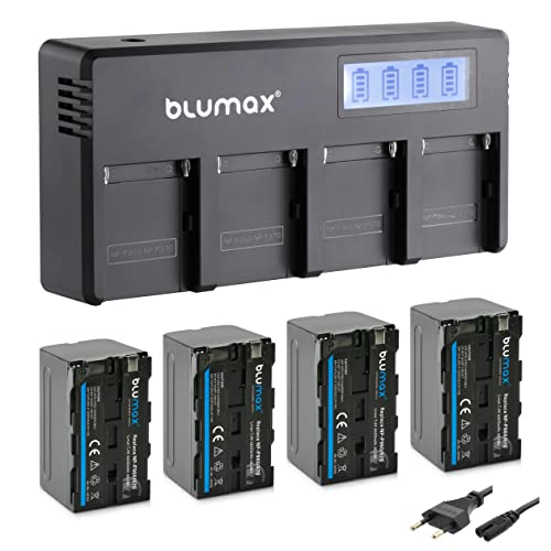 Blumax 4X Akku NP-F970 / NP-F750-6600mAh + LCD 4-Kanal Schnell-Ladegerät | kompatibel mit Sony NP-F570 NP-F960 für Blitzgeräte Videoleuchten Fieldmonitore