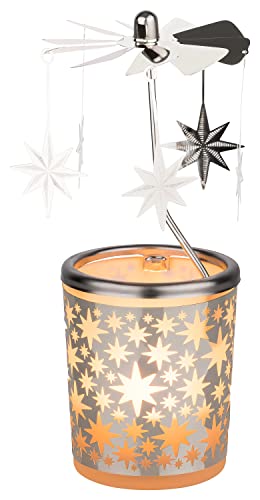 MaMeMi Weihnachtliches Windlicht/TEELICHT ZUR ADVENTSZEIT aus Glas mit KARUSSELL [Motiv Sterne] Höhe 15 cm insgesamt- [Teelicht inklusive]
