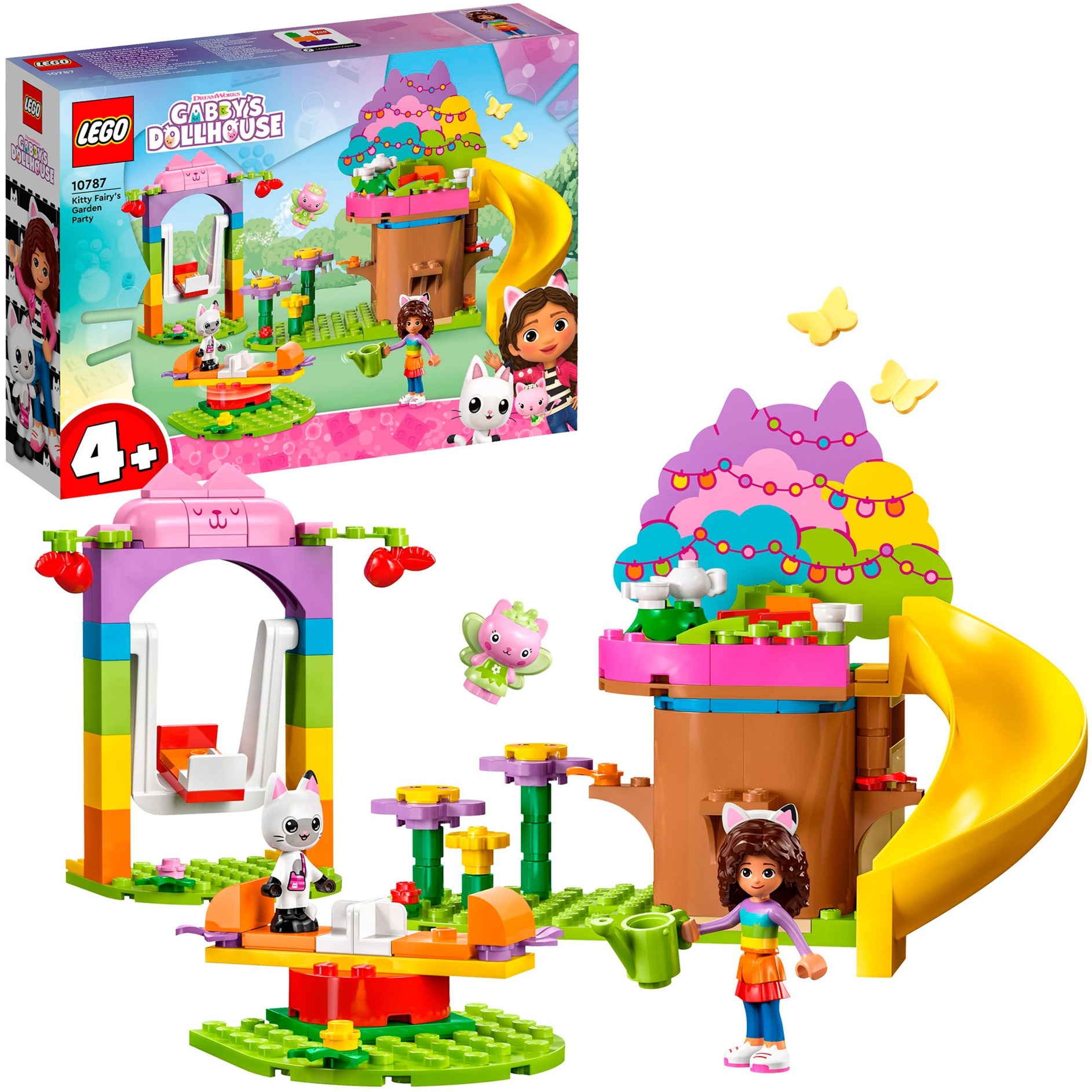LEGO 10787 Gabby's Dollhouse Kitty Fees Gartenparty Puppenhaus Spielzeug Set mit Gabby, Pandi und Kitty Fee Figuren mit Baumhaus, Schaukel, Rutsche und Karussell, Geschenk für Mädchen, Jungen, Kinder