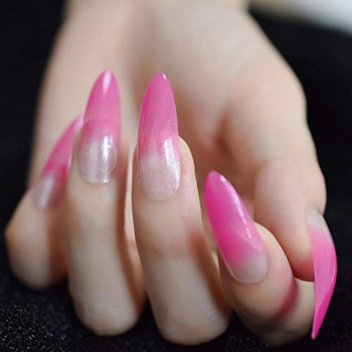 Falsche Nägel Bright Pink Ombre French Nail Extra Long False Nails Gradient Shimmer Faux Pointed Tips mit Klebestreifen 24
