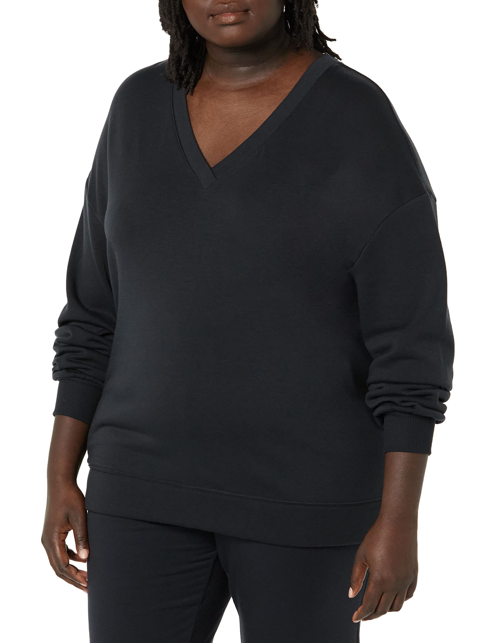 Amazon Aware Damen Fleece-Sweatshirt mit V-Ausschnitt und lockerer Passform (in Übergröße erhältlich), Schwarz, XL
