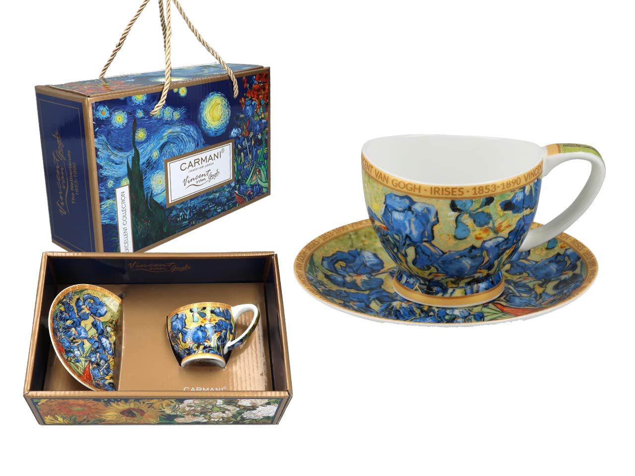 CARMANI - Espressotasse und Untertasse aus Keramik mit Vincent Van Gogh, Irises 100 ml