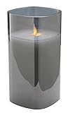 Hochwertige & Eckige LED Kerze im Glas Windlicht - Flammenlose & Flackernde Echtwachskerze (Grau, Höhe:17,50cm)