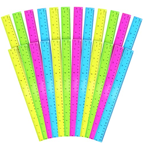 BELLE VOUS Lineale (24 STK) - 30cm Farbige Lineal Transparent - Kunststoff Lineale inklusive Millimeter, Zentimeter und Zoll Maße - Messlineal in 4 Farben Pink, Blau, Neon Gelb, Grün