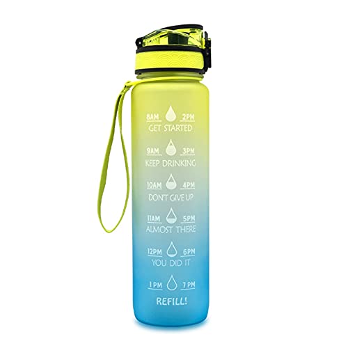 Baodaner 1000 ml Wasserflasche mit Sprungdeckel, Zeitskala, Erinnerungsfunktion, Sport-Trinkflasche, auslaufsicherer Becher für Outdoor-Sport, Fitness (gelb und blau)