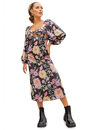 Chi Chi London Damen Langärmeliges Midi-Kleid mit Cut-Out-Details, Blumenmuster Cocktailkleid, Schwarz, 36