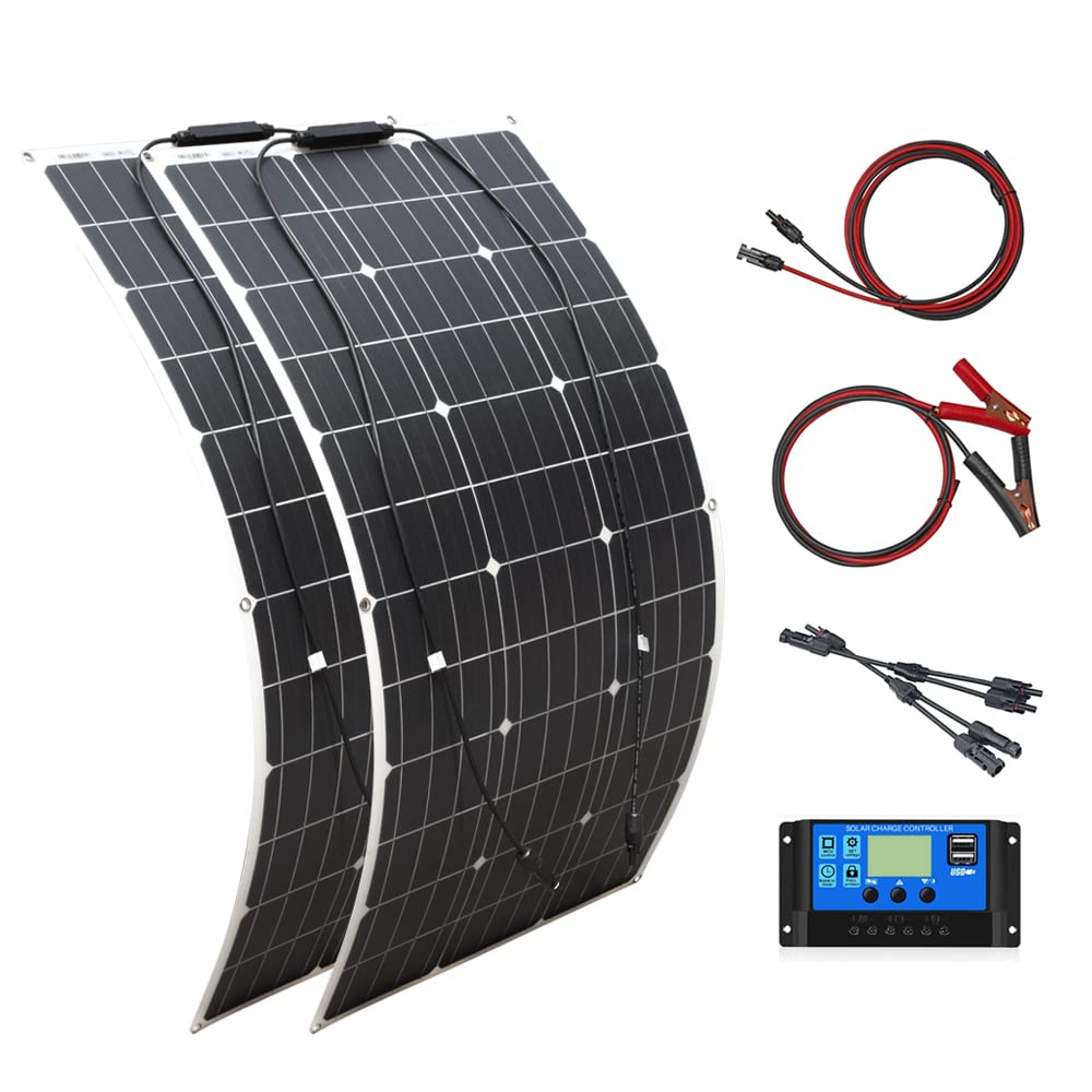 200w Flexible Solar Panel Kit 2pcs 100w 18v Monocrystalline Solar Module + 20A USB Controller for Off Grid Yacht RV Car Boat Motorhome Caravan 12v Battery Charging(200)