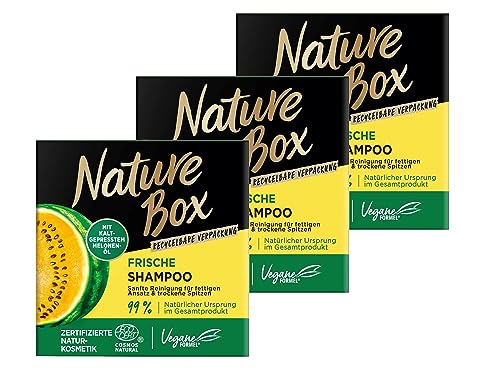 Nature Box festes Shampoo Frische (85 g), Haarshampoo mit kaltgepresstem Melonen-Öl für fettigen Ansatz & trockene Spitzen, Shampoo in recycelbarer Verpackung, 3x 85 g