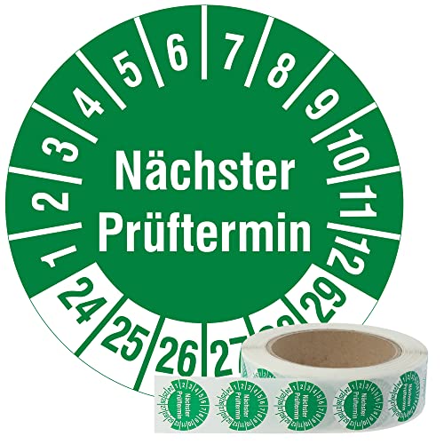 Labelident Mehrjahresprüfplaketten Nächster Prüftermin 2024-2029 - Ø 30 mm - 1000 Prüfplaketten auf Rolle, Polyethylen, Prüfetiketten grün