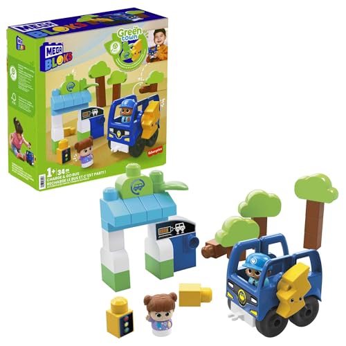 MEGA HDX90 - Bloks Grüne Stadt - Laden & Los Bus-Baukasten, 36 große Bausteine und Spezialteile mit 2 baubaren Figuren, 1 rollender Bus und 3 Bäumen, Spielzeug-Geschenkset für Kinder ab 1 Jahr