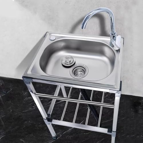 Restaurant Commercial Kitchen Sink Freestanding Single Bowl Washing Hand Basin with Hot and Cold Water Faucet,Portable Stainless Steel Sink 1 Basin Mobile Camping Sink (Size : 48x35x83cm)