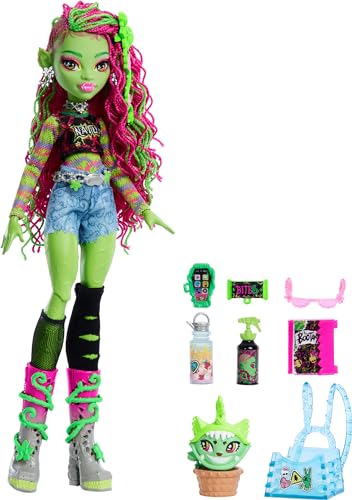 Monster High Venus McFlytrap Puppe mit Pflanzenmonster, Haustier-Katze, Kaulian und Zubehör wie Rucksack, Notizbuch, Snacks und mehr