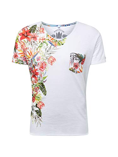 KEY LARGO Herren T-Shirt Babylon Party Sommer Blumen Motiv Druck Flower Print Vintage Look mit Brusttasche tiefer V-Ausschnitt Slim Fit MT00195, Grösse:L, Farbe:Weiß
