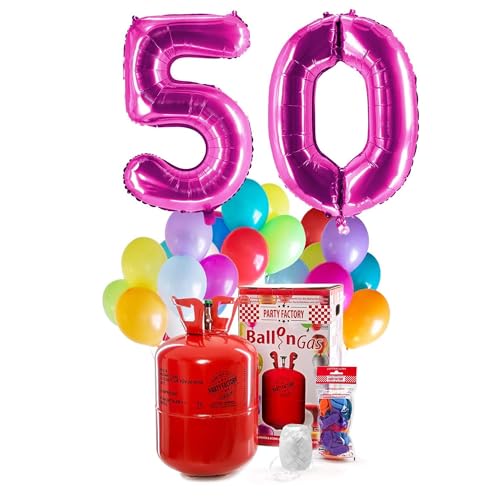 PARTY FACTORY Helium Geburtstags-Komplettset "50" - mit XXL Zahlenballons, 0,4m³ Ballongas, Ballonschnur & 30 bunten Latexballons - für Geburtstag, Jubiläum, Jahrestag - versch. Farben (Pink)