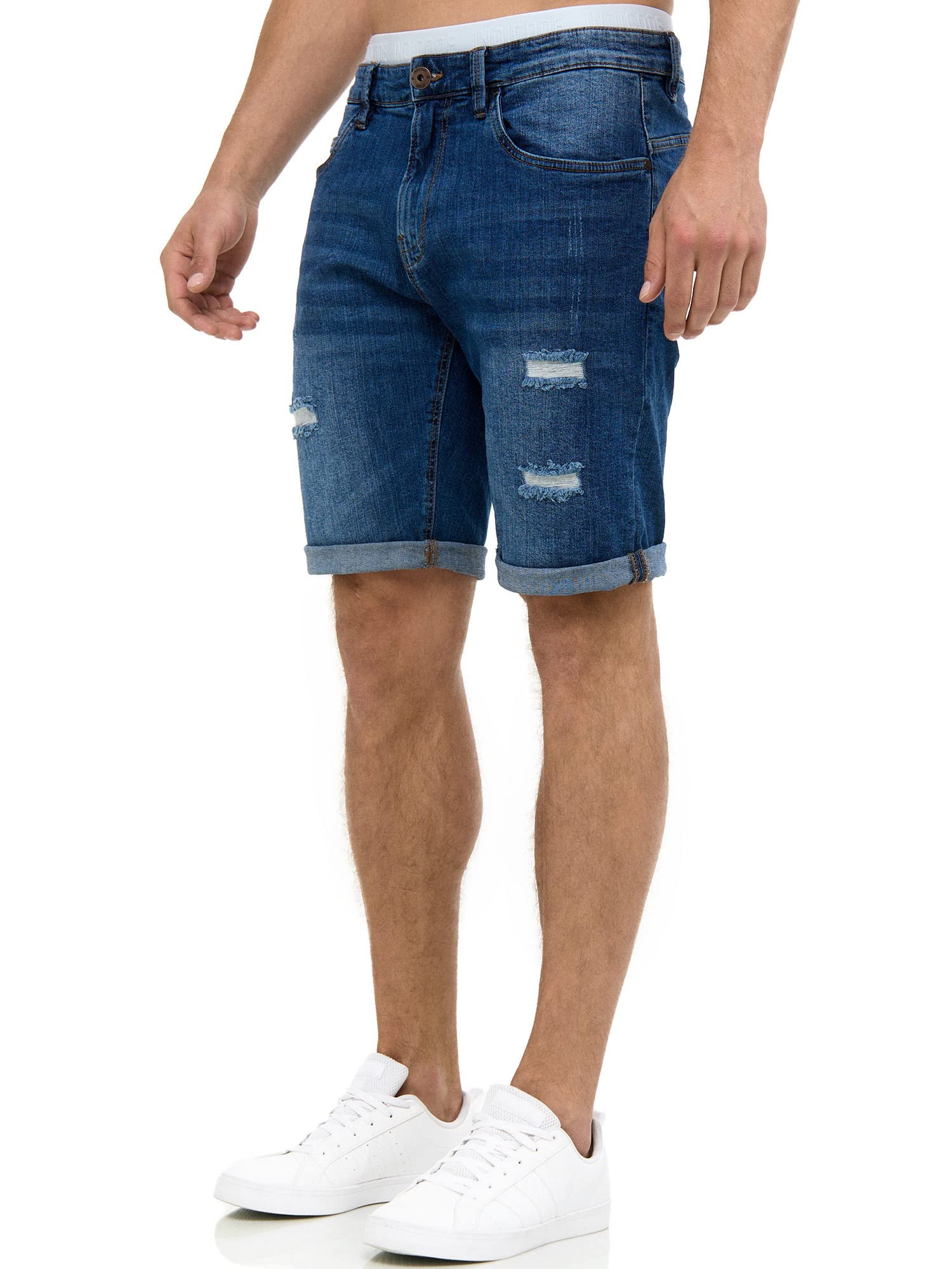 Indicode Herren Caden Jeans Shorts mit 5 Taschen | Herrenshorts Used Look für Männer Holes - Medium Indigo XL
