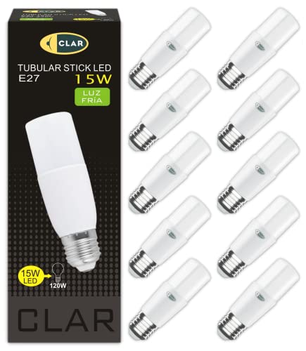 CLAR - E27 LED Lampe Stabform 15W Leuchtmittel E27, Energiesparlampe E27, LED Energiesparlampe, E27, Lampe Aussenbereich, LED Längliche Glühbirne E27 15W E27 Kaltweiß 6000ºK (Pack 10)