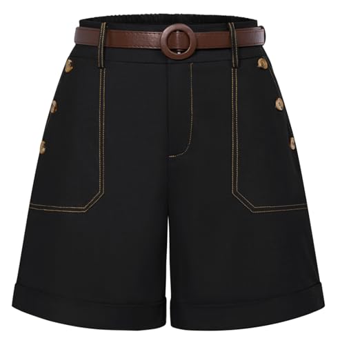 Damen Kurze Hose Hotpants Sommer Bermuda Shorts High Waist Shorts mit Tashcen Schwarz M