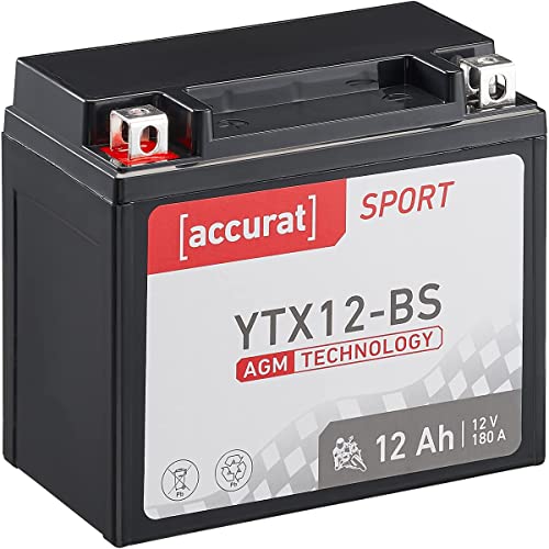 Accurat Motorradbatterie YTX12-BS 12Ah 180A 12V AGM Starterbatterie in Erstausrüsterqualität leistungsstark rüttelfest ABS geeignet wartungsfrei