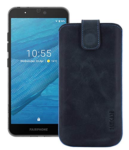 Suncase ECHT Ledertasche Etui kompatibel mit Fairphone 3 Hülle (passend nur mit der MITGELIEFERTE Bumper) Pebble Blue