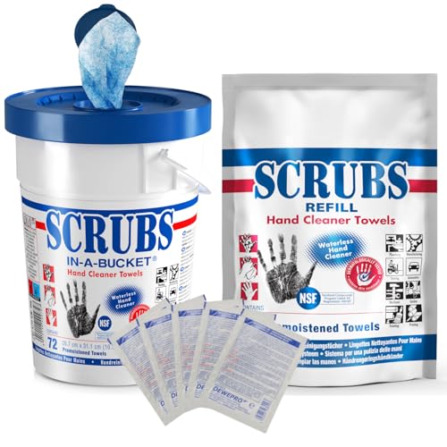 SCRUBS in-a-bucket mit nachhaltigem SCRUBS Refill Nachfüllpack mit je 72 Stück Handreinigungstücher inkl. 5 St. DEWEPRO® SingleScrubs